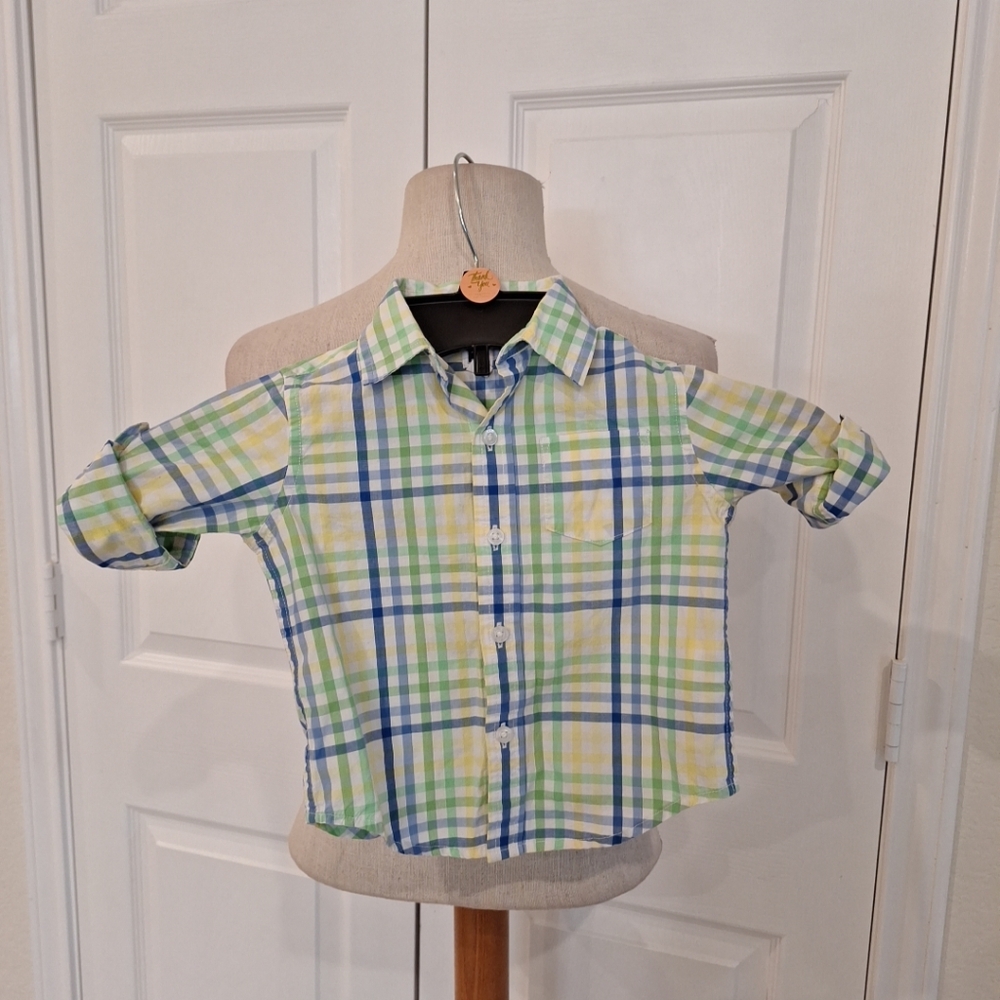 Janie And Jack 6-12mos Boys Plaid Shirt in Green and Blue Button Up